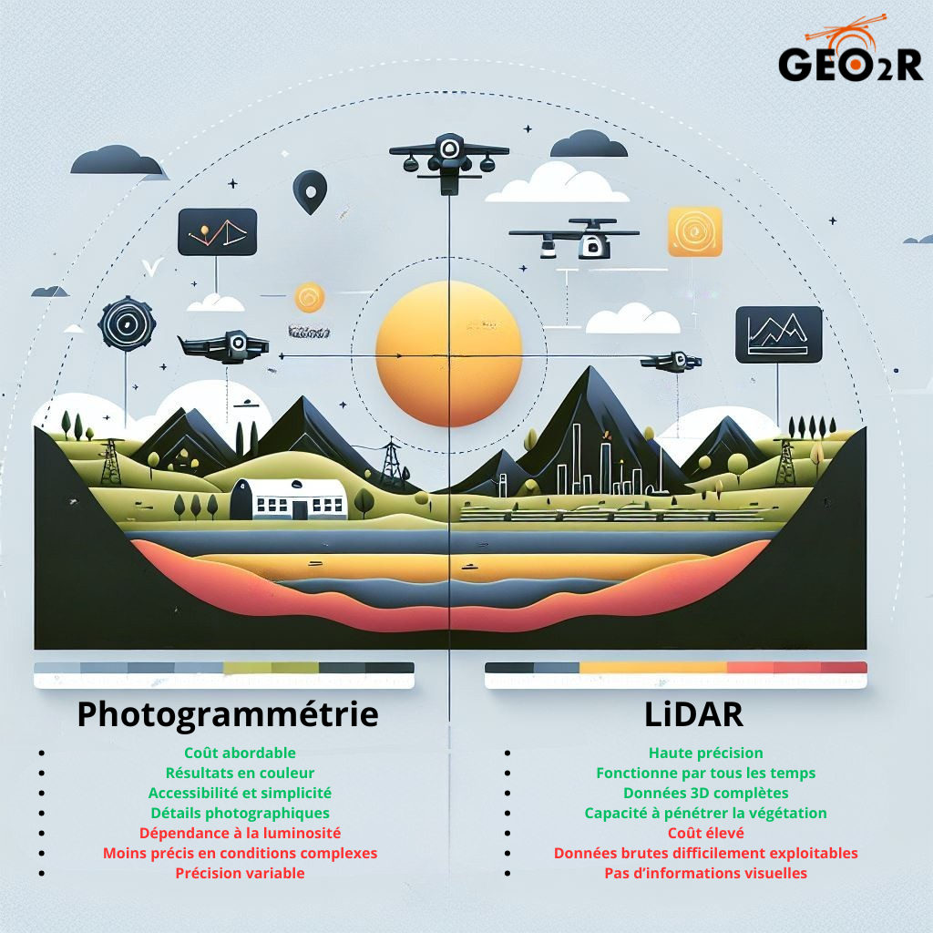 Une infographie comparative entre la photogrammétrie et la technologie LiDAR, illustrée par un paysage montagneux divisé en deux parties. À gauche (Photogrammétrie) : Représentation colorée d’un paysage capturé par drone avec une ambiance ensoleillée. Liste des avantages en vert : Coût abordable Résultats en couleur Accessibilité et simplicité Détails photographiques Inconvénients en rouge : Dépendance à la luminosité Moins précis en conditions complexes Précision variable À droite (LiDAR) : Représentation en 3D plus technique du paysage, mettant en avant les capacités du LiDAR. Liste des avantages en vert : Haute précision Fonctionne par tous les temps Données 3D complètes Capacité à pénétrer la végétation Inconvénients en rouge : Coût élevé Données brutes difficilement exploitables Pas d’informations visuelles L’ensemble est stylisé avec un design moderne et le logo de GEO2R est affiché en haut à droite.