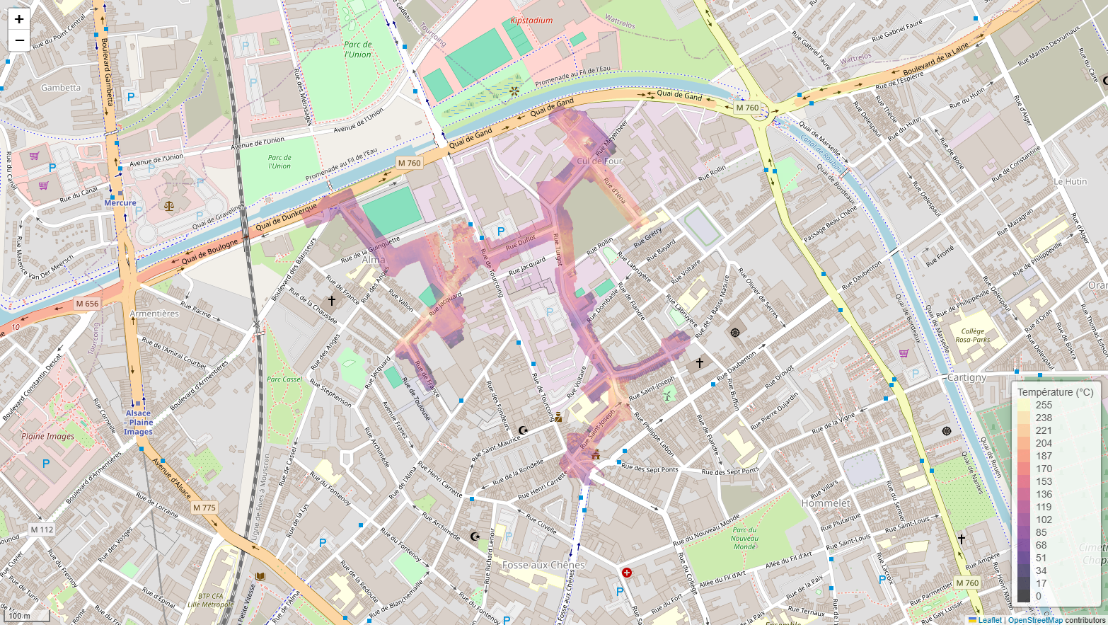 Carte thermique des températures à Roubaix, centrée sur les quartiers d'Alma, Cul de Four et Fosse-aux-Chênes, avec un fond cartographique OpenStreetMap.