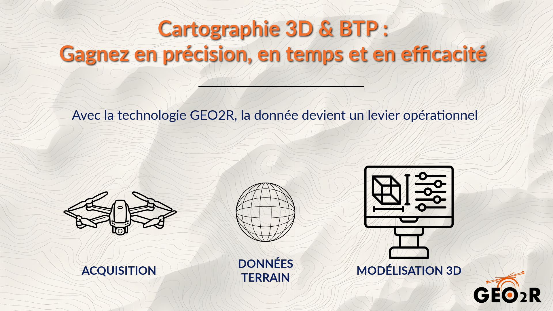 Visuel présentant l'offre de GEO2R en cartographie 3D pour le BTP, avec les étapes : acquisition par drone, collecte de données terrain et modélisation 3D.
